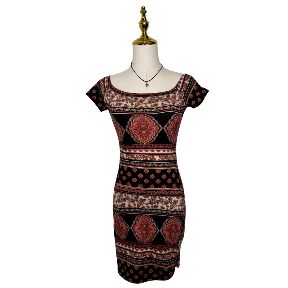 vintage 90s 579 geometric boho black pink Y2K mini dress indie grunge festival
